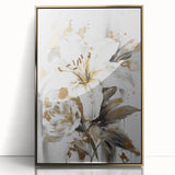 Framed abstract floral wall art design featuring vibrant colors and a sleek gold-acrylic front, perfect for modern home decor.