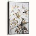 Framed wall art showcasing an abstract floral design in vibrant colors, presented in a sleek black frame, ideal for modern decor.