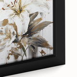 Close-up of a vibrant abstract floral wall art piece in a sleek black frame, showcasing colorful blossoms and intricate details, perfect for home decor.