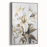 Framed abstract floral wall art design in soft pastels, showcasing elegant blossoms with a silver frame, perfect for modern decor.
