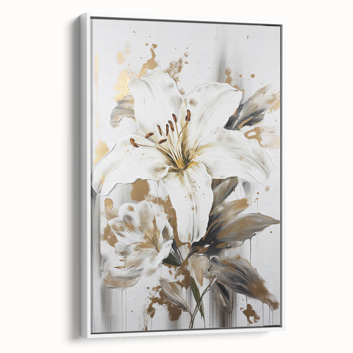 Framed abstract floral wall art in a white frame, showcasing vibrant colors and intricate designs, perfect for modern home decor.