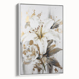Framed abstract floral wall art in a white frame, showcasing vibrant colors and intricate designs, perfect for modern home decor.