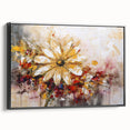 Framed abstract floral wall art design showcasing vibrant colors and intricate patterns, displayed in a sleek black frame from a side view.