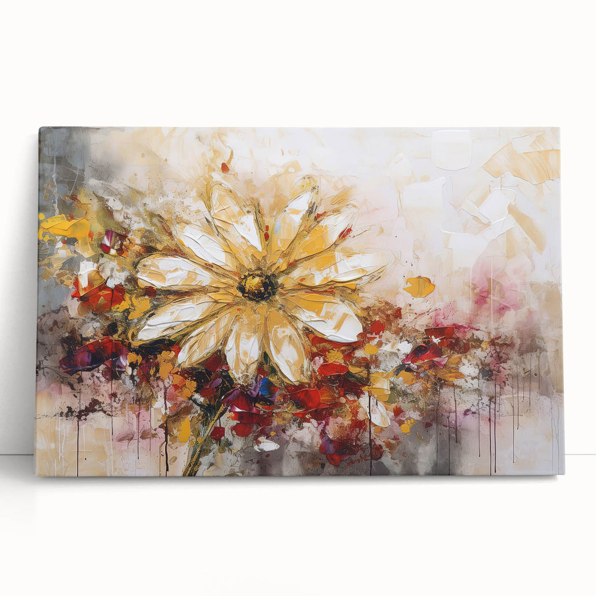 Vibrant abstract floral wall art design on stretched canvas, featuring colorful blooms in shades of pink, blue, and green, leaning against a wall.