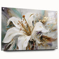 Abstract floral wall art design featuring vibrant colors and intricate patterns, displayed in a sleek acrylic frame with visible mounting pins.
