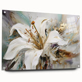 Abstract floral wall art design featuring vibrant colors and intricate patterns, displayed in a sleek acrylic frame with visible mounting pins.