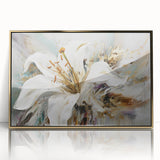 Framed wall art displaying an abstract floral design with vibrant colors and gold accents, perfect for modern home decor.
