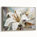 Framed abstract floral wall art in gold tones, showcasing elegant brush strokes and textures, perfect for modern home decor.