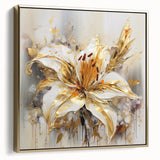 Framed wall art featuring an abstract floral design with vibrant colors and a gold frame, showcasing elegant curves and shapes.