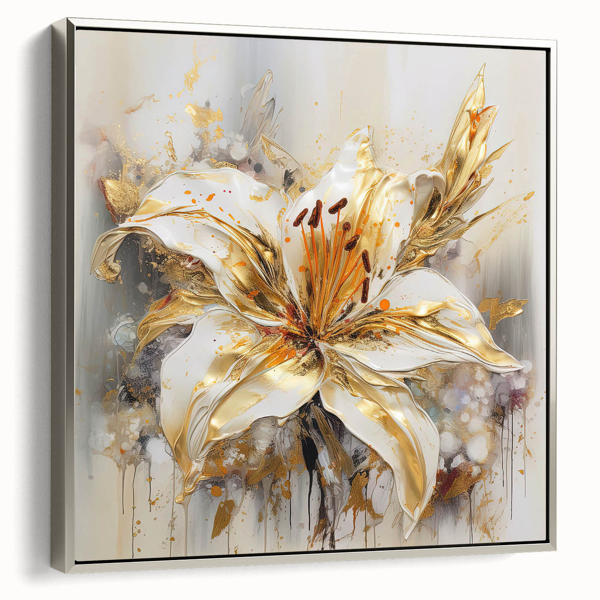 Framed abstract floral wall art in silver showcasing vibrant colors and intricate details, perfect for enhancing modern home decor.
