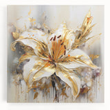 Vibrant abstract floral wall art on stretched canvas showcasing a colorful design with bold petals and soft hues, ideal for home decor.