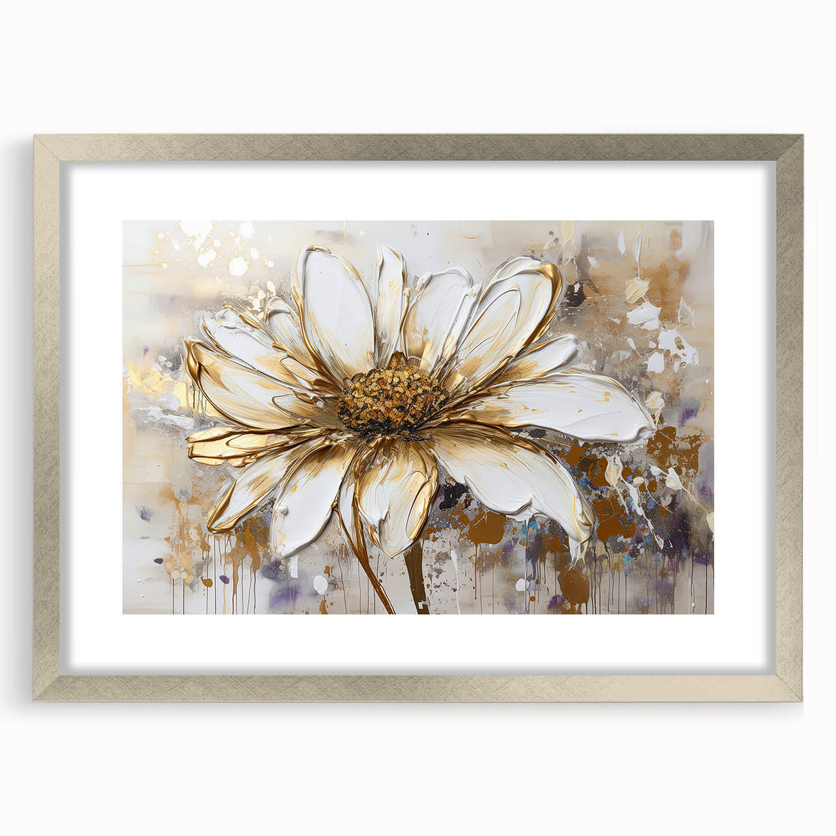 Framed abstract floral wall art design featuring vibrant colors and intricate patterns, elegantly presented with a silver mat for a modern décor.