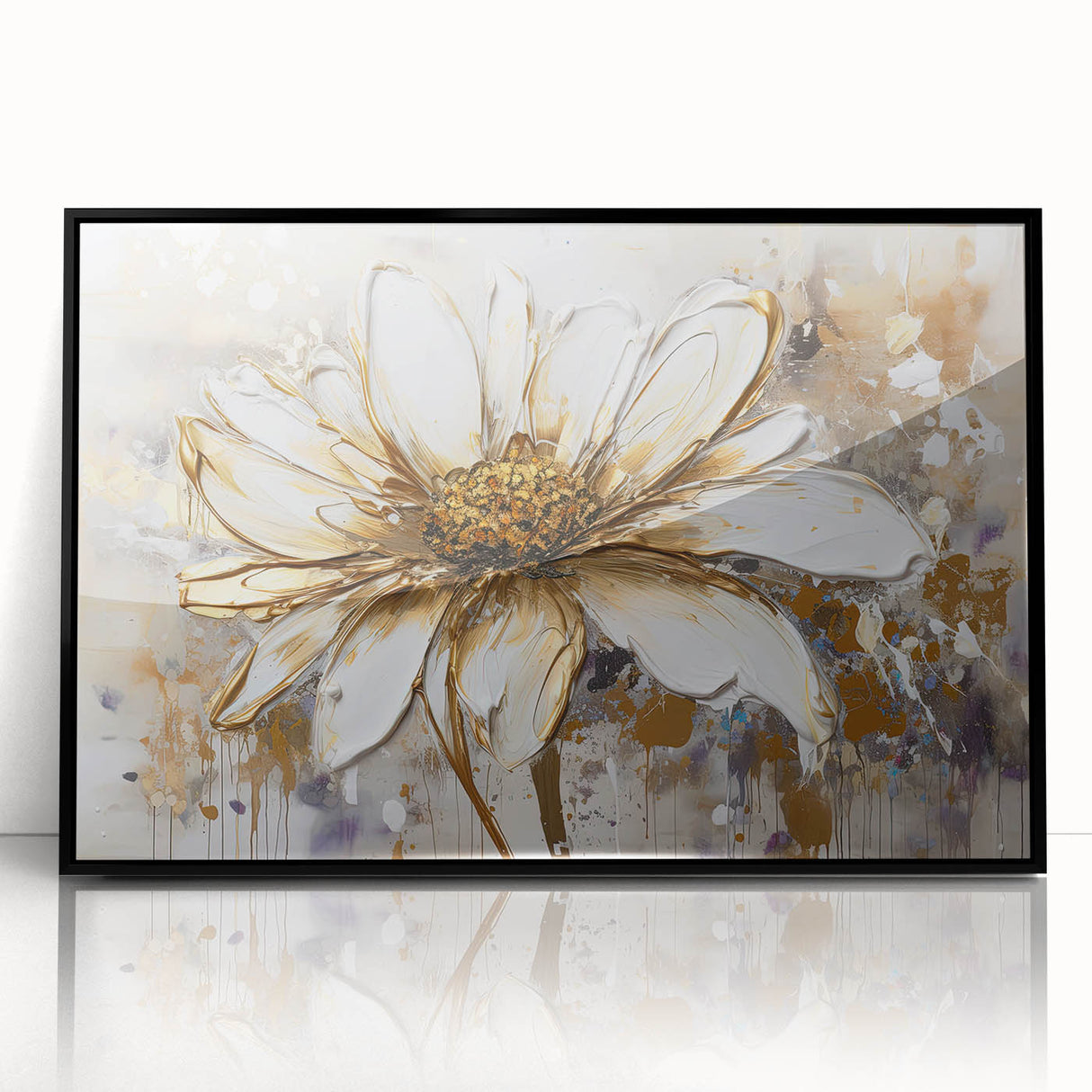 Framed wall art featuring an abstract floral design in vibrant colors, set in a sleek black frame, perfect for modern home decor.