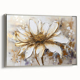 Framed abstract floral wall art design with vibrant colors and silver accents, showcasing a modern aesthetic in a side view display.