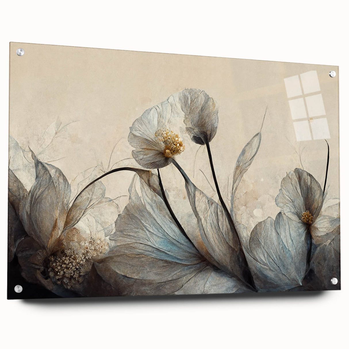 Abstract floral wall art collection displayed in a side view, showcasing vibrant colors and acrylic glass finish, pinned for presentation.