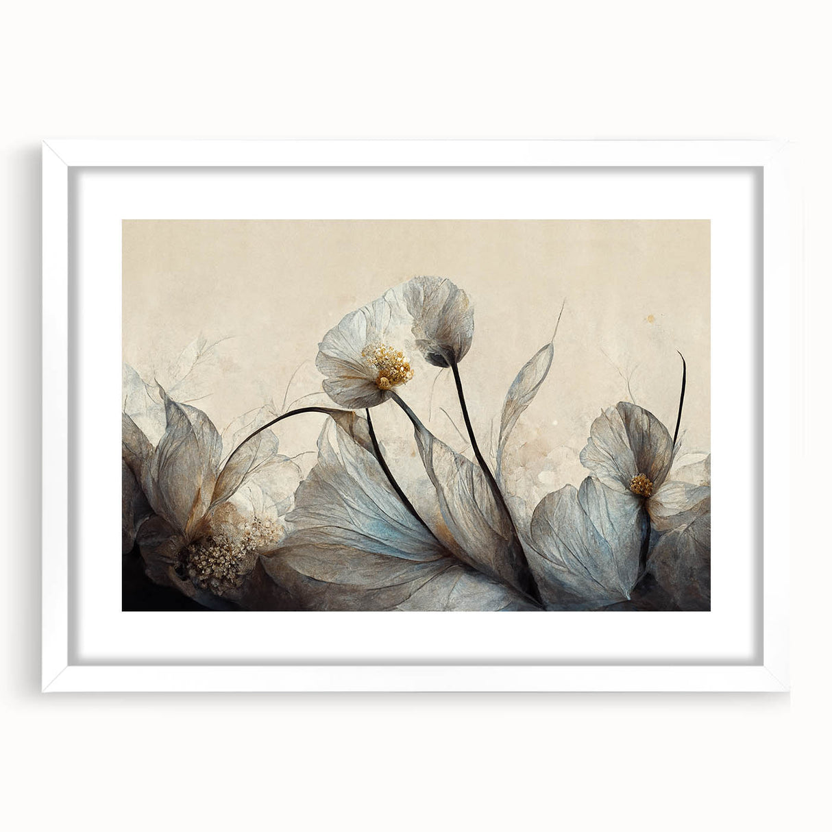 Framed abstract floral wall art design in a white mat and frame, showcasing vibrant colors and intricate patterns, perfect for modern decor.