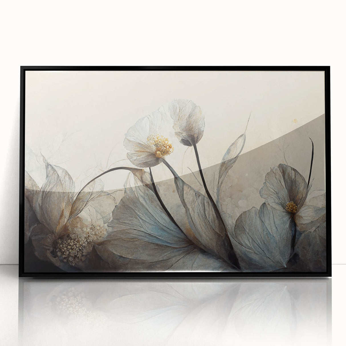 Framed wall art featuring a vibrant abstract floral design in bold colors, set in a sleek black frame, perfect for modern decor.