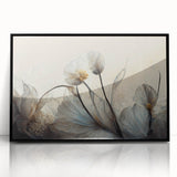 Framed wall art featuring a vibrant abstract floral design in bold colors, set in a sleek black frame, perfect for modern decor.