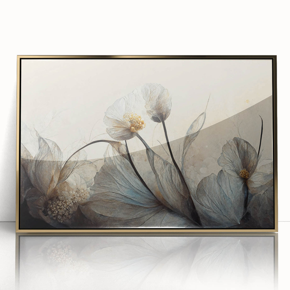 Framed abstract floral wall art design in gold and white, showcasing elegant shapes and textures, perfect for modern home decor.