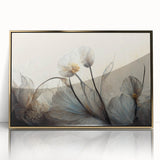 Framed abstract floral wall art design in gold and white, showcasing elegant shapes and textures, perfect for modern home decor.