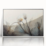 Framed abstract floral wall art design with vibrant colors and intricate details in a sleek white frame, perfect for modern home decor.