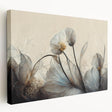 Vibrant abstract floral wall art on stretched canvas, showcasing bold colors and dynamic shapes, perfect for modern home decor.