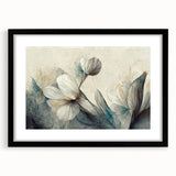 Framed abstract floral wall art design showcasing vibrant colors and intricate patterns, presented in a sleek black frame with a mat.