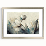 Framed abstract floral wall art collection in a sleek silver mat, showcasing vibrant colors and intricate designs, ideal for modern decor.