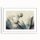 Framed abstract floral wall art design showcasing vibrant colors and intricate patterns, set in a sleek white frame with mat for a modern touch.