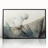 Framed abstract floral wall art design in a sleek black frame, showcasing vibrant colors and intricate patterns, perfect for modern decor.
