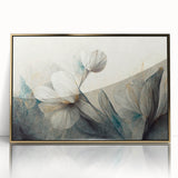 Framed abstract floral wall art featuring vibrant colors and gold accents, ideal for modern home decor, showcased in a sleek frame.