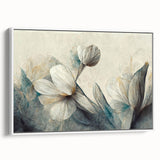 Framed abstract floral wall art in a white frame, showcasing vibrant colors and intricate designs, perfect for modern home decor.