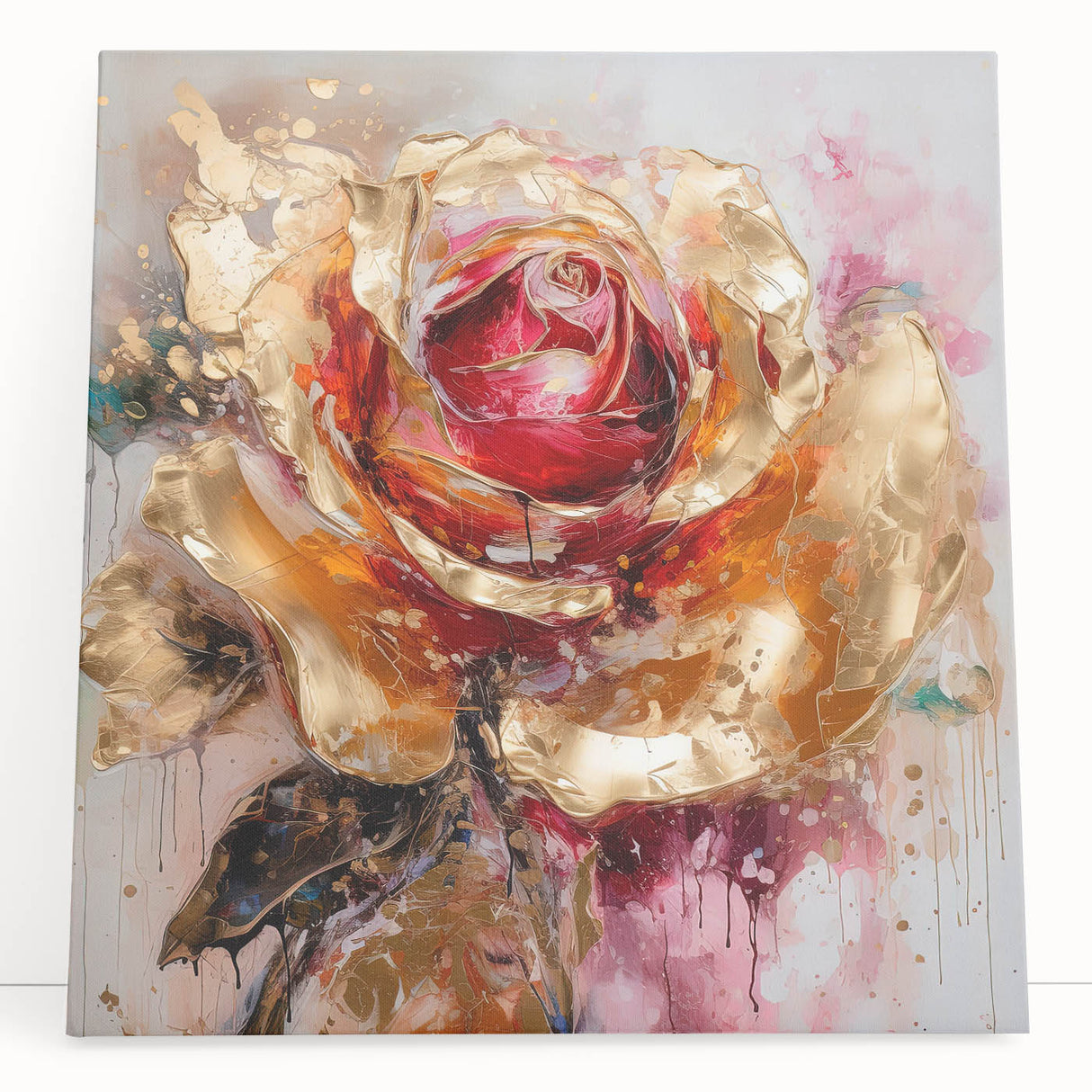 Vibrant abstract floral wall art on stretched canvas, showcasing a colorful design with soft pastels and bold brush strokes, perfect for modern decor.