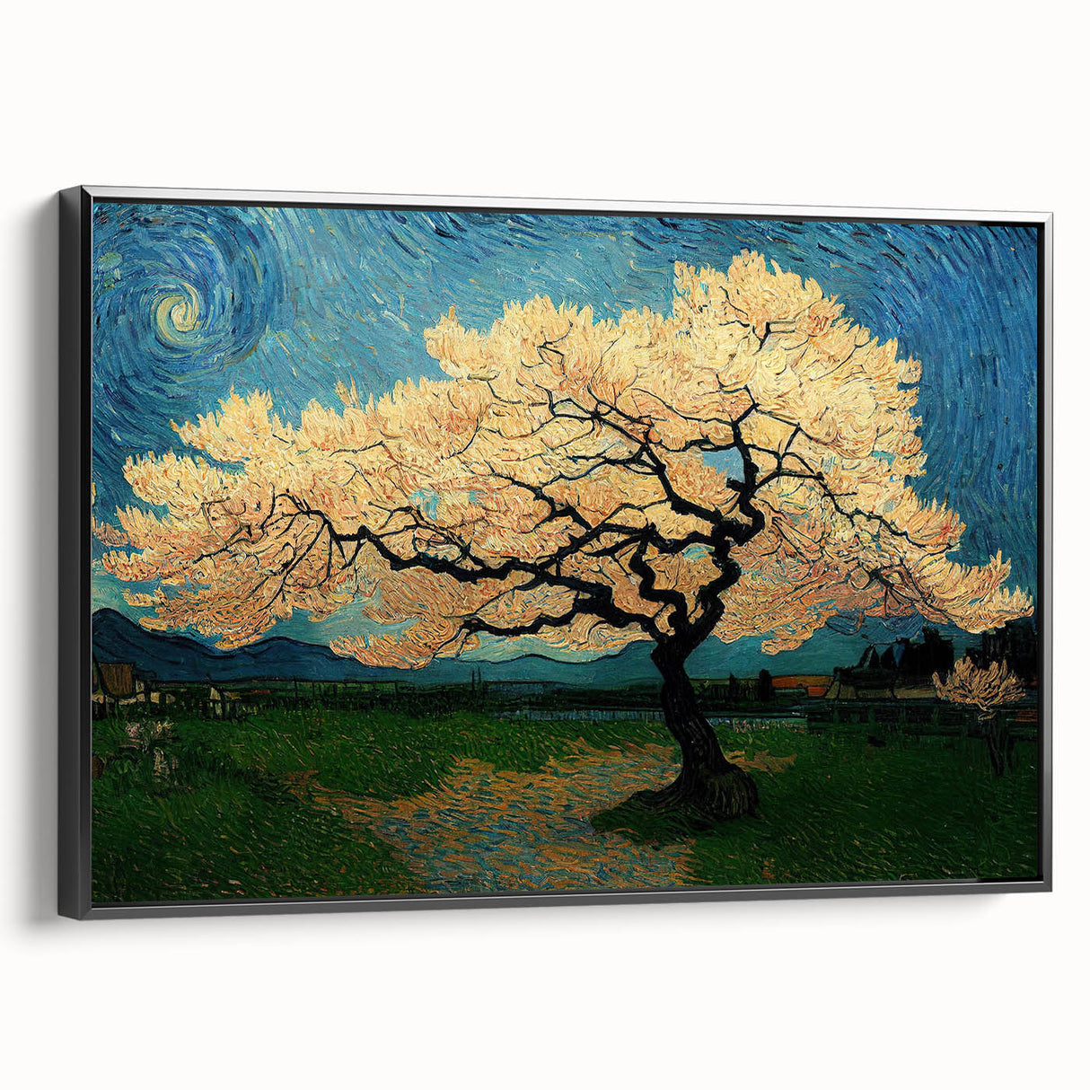 Framed abstract floral wall art design showcasing vibrant colors on a canvas, presented in a sleek black frame, side view highlighting depth.