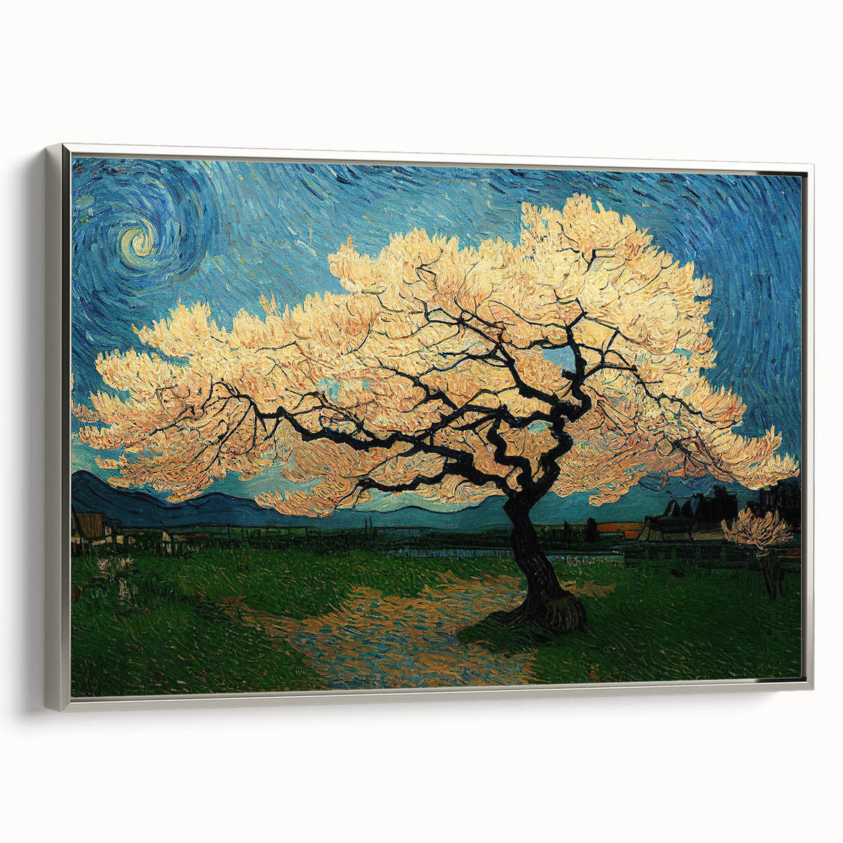 Framed abstract floral wall art collection showcasing vibrant colors and intricate designs, set against a sleek silver frame for modern decor.