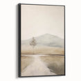 Framed canvas wall art featuring an abstract landscape design in muted colors, showcasing a black frame and side view, perfect for modern home decor.