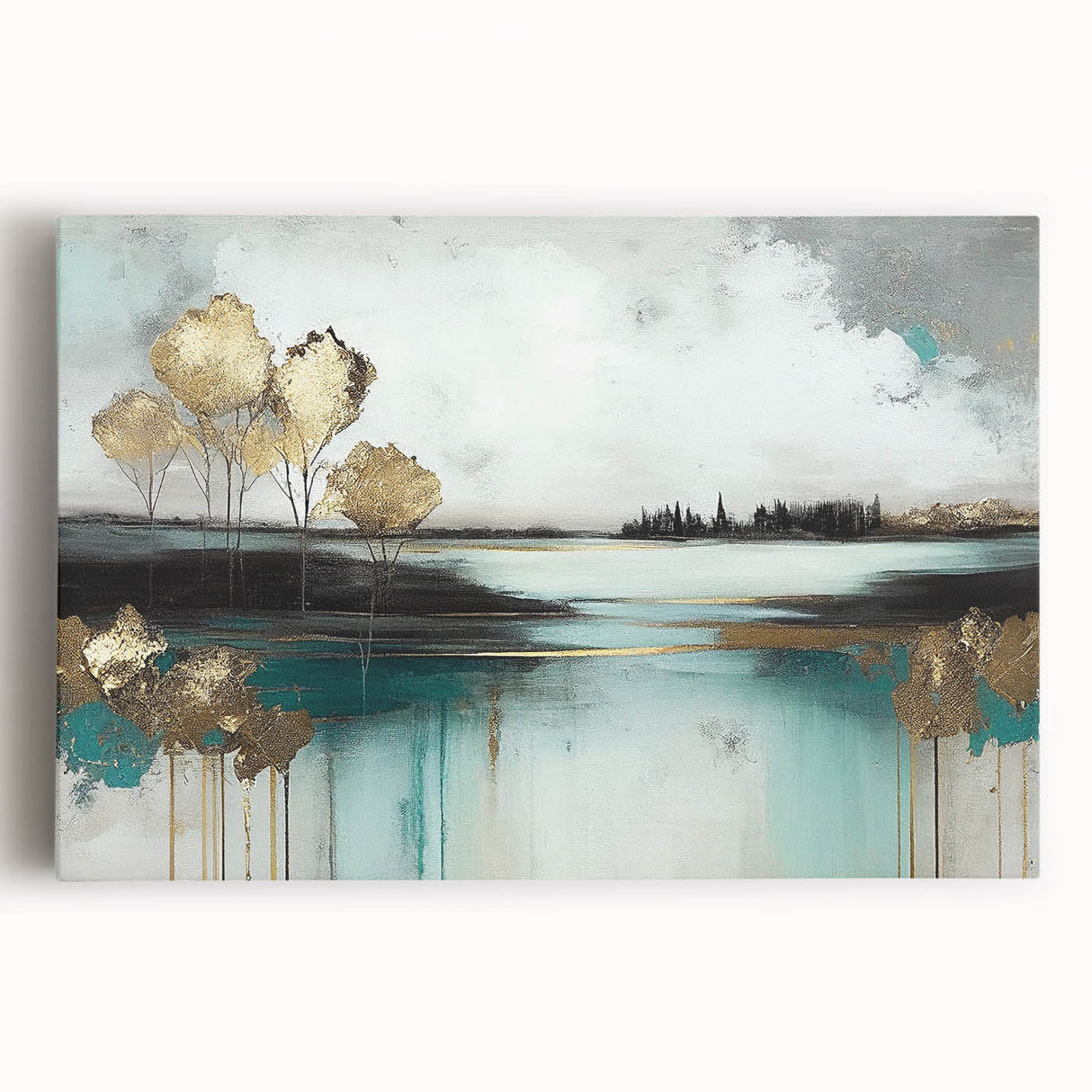 Abstract landscape wall art collection on stretched canvas, showcasing vibrant colors and fluid design patterns, perfect for modern home decor.