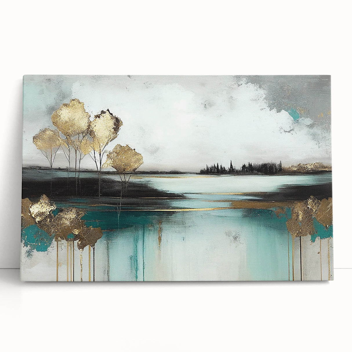 Abstract landscape wall art collection featuring vibrant colors and fluid patterns on stretched canvas, elegantly leaning against a neutral wall.