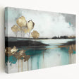 Abstract landscape wall art design showcasing vibrant colors and fluid patterns, printed on stretched canvas with a side view display.