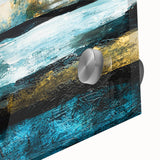 Close-up of an abstract landscape wall art piece with vibrant colors and fluid patterns, displayed on acrylic glass for a modern aesthetic.