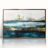 Framed abstract landscape wall art in gold acrylic, showcasing vibrant colors and fluid shapes, perfect for modern home decor.
