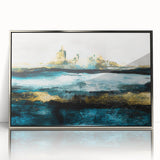 Framed abstract landscape wall art in silver acrylic, showcasing vibrant colors and fluid designs, perfect for modern home decor.