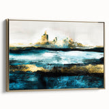 Framed abstract landscape wall art showcasing vibrant colors and textured brushstrokes, complemented by a sleek gold frame for elegant decor.