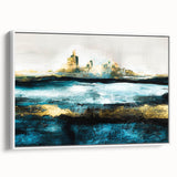 Framed abstract landscape wall art design showcasing vibrant colors and flowing shapes, displayed against a white background for a modern aesthetic.