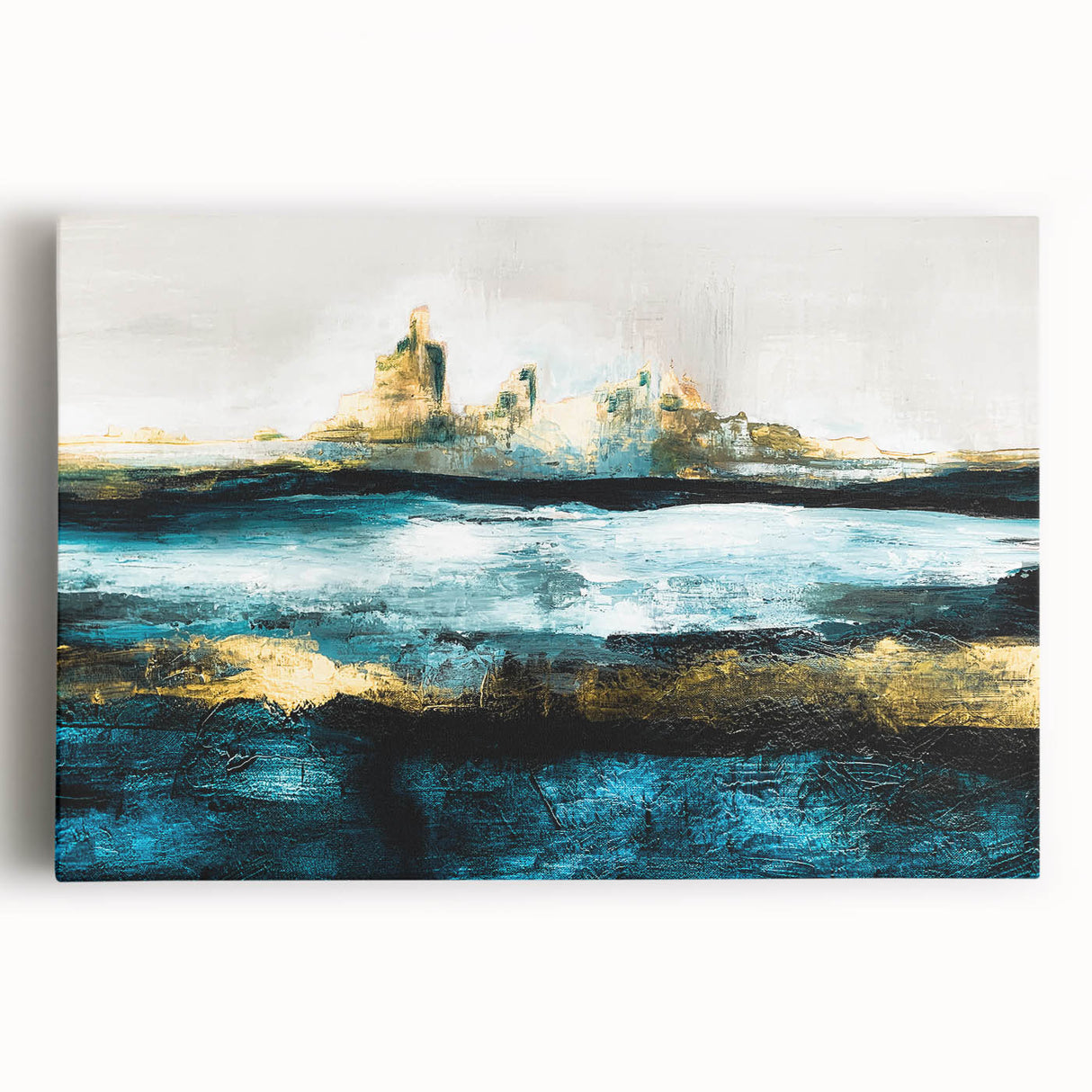 Abstract landscape wall art on stretched canvas, showcasing vibrant colors and fluid shapes, perfect for modern home decor and artistic ambiance.