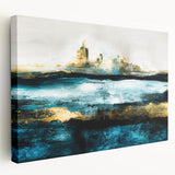 Stretched canvas artwork showcasing an abstract landscape design with vibrant colors and fluid shapes, perfect for modern home decor.
