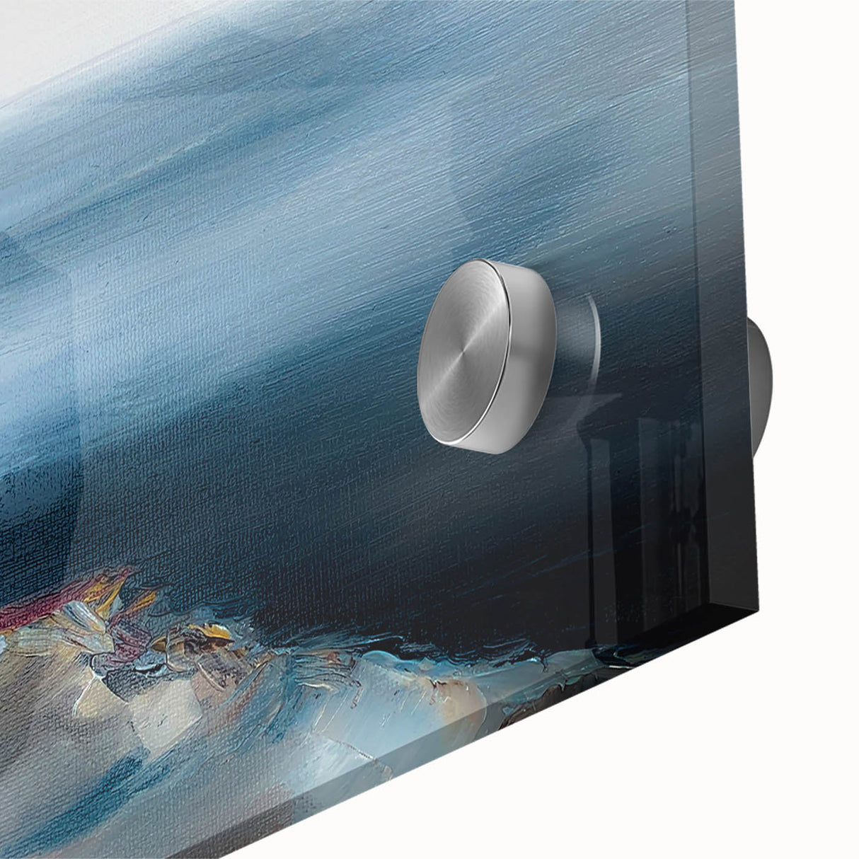 Abstract landscape wall art collection showcasing vibrant colors and fluid shapes, captured in a close-up with glossy acrylic glass finish.