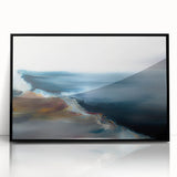Framed abstract landscape wall art in a sleek black frame, showcasing vibrant colors and dynamic shapes, perfect for modern home decor.
