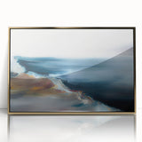 Framed abstract landscape wall art featuring a gold-accented design, showcasing vibrant colors and modern aesthetics in a stylish setting.