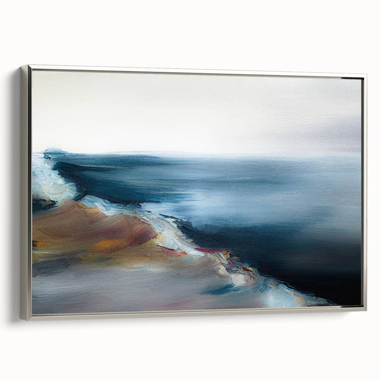Framed abstract landscape wall art in silver, showcasing a serene color palette of blues and greens, adding elegance to any decor.